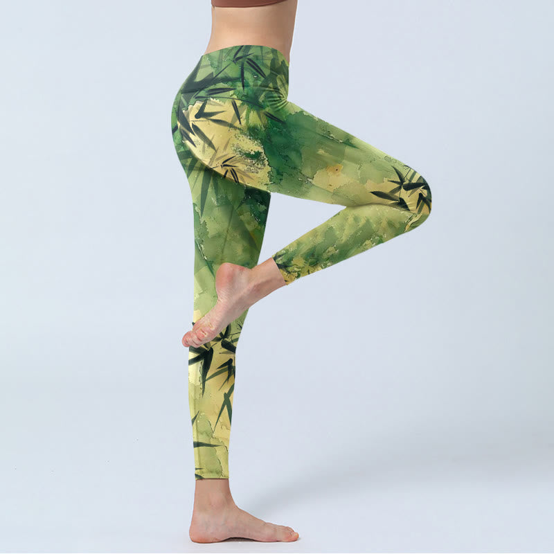 Leggings da palestra con stampa a motivo di bambù in fiore Buddha Stones, pantaloni da yoga da donna - image 3
