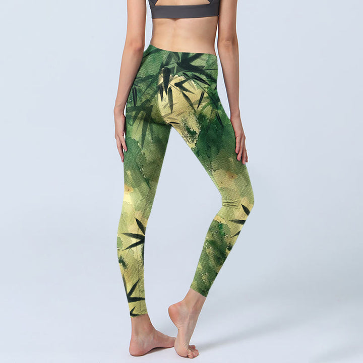 Leggings da palestra con stampa a motivo di bambù in fiore Buddha Stones, pantaloni da yoga da donna - image 5