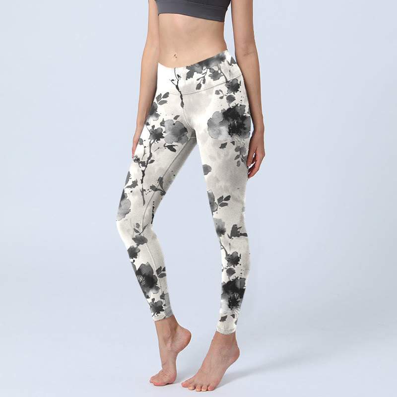 Leggings da palestra con stampa a motivi floreali, stile dipinto a inchiostro con Buddha Stones, pantaloni da yoga da donna - Bianco Fantasma - US18, UK/AU22, EU50 (4XL) - image 1