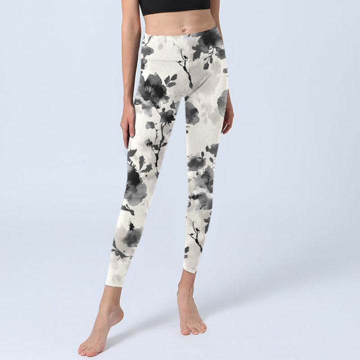 Leggings da palestra con stampa a motivi floreali, stile dipinto a inchiostro con Buddha Stones, pantaloni da yoga da donna - image 6