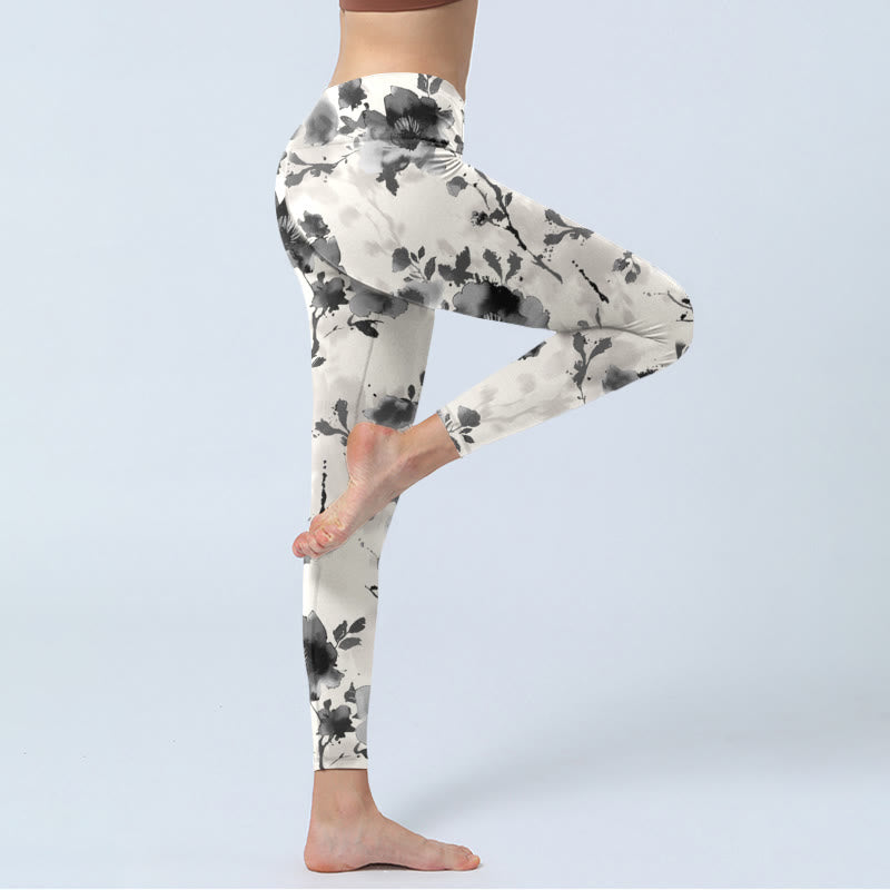 Leggings da palestra con stampa a motivi floreali, stile dipinto a inchiostro con Buddha Stones, pantaloni da yoga da donna - image 3