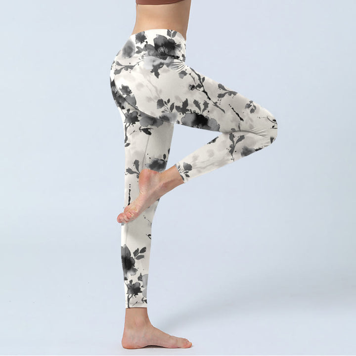 Leggings da palestra con stampa a motivi floreali, stile dipinto a inchiostro con Buddha Stones, pantaloni da yoga da donna - image 3