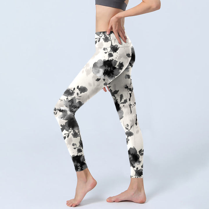 Leggings da palestra con stampa a motivi floreali, stile dipinto a inchiostro con Buddha Stones, pantaloni da yoga da donna - image 2