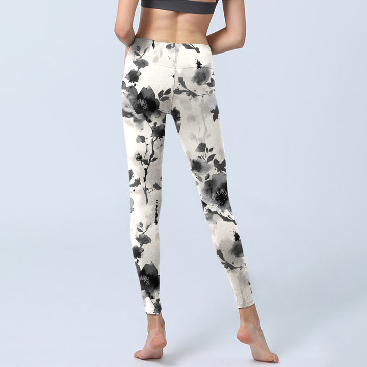 Leggings da palestra con stampa a motivi floreali, stile dipinto a inchiostro con Buddha Stones, pantaloni da yoga da donna - image 7