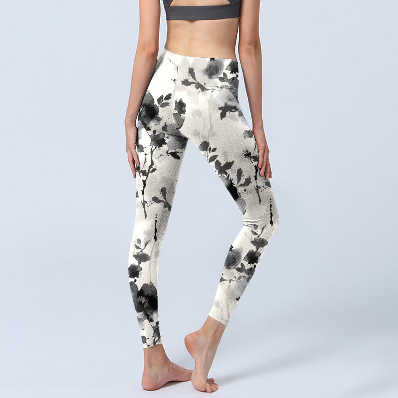 Leggings da palestra con stampa a motivi floreali, stile dipinto a inchiostro con Buddha Stones, pantaloni da yoga da donna - image 5