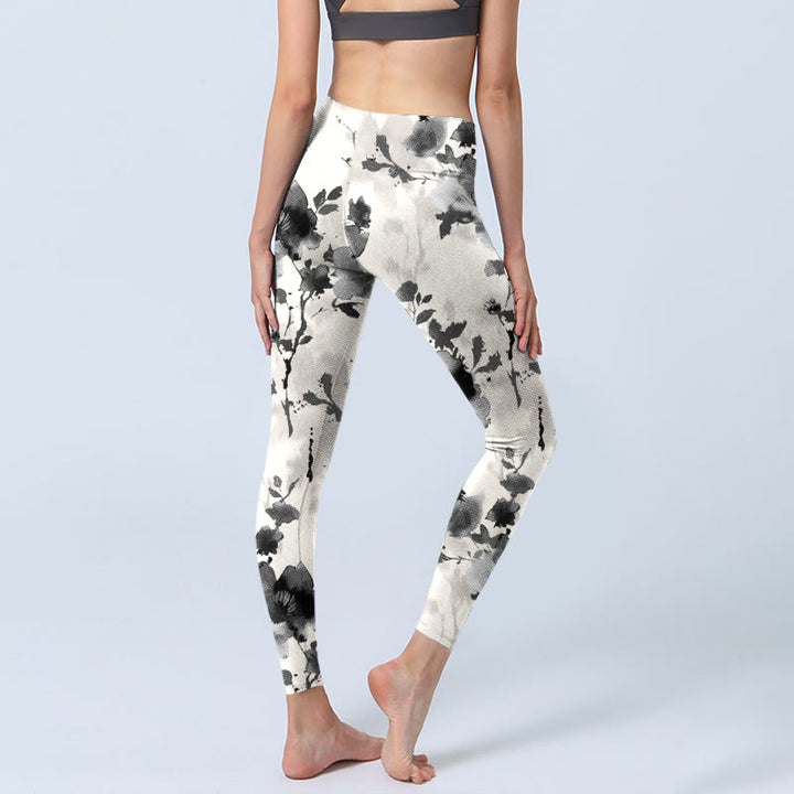 Leggings da palestra con stampa a motivi floreali, stile dipinto a inchiostro con Buddha Stones, pantaloni da yoga da donna - image 5