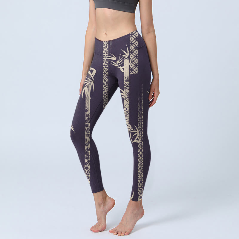 Leggings da palestra con stampa a onde di bambù Buddha Stones, pantaloni da yoga da donna - Nero - US18, UK/AU22, EU50 (4XL) - image 0