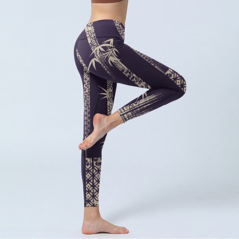 Leggings da palestra con stampa a onde di bambù Buddha Stones, pantaloni da yoga da donna - image 4