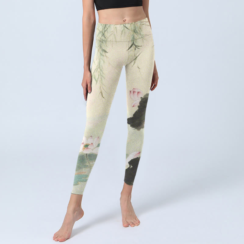 Leggings da palestra con stampa Buddha Stones, foglie di salice e motivo di loto, pantaloni da yoga da donna - image 5