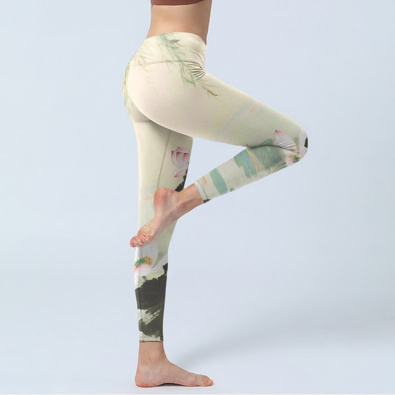 Leggings da palestra con stampa Buddha Stones, foglie di salice e motivo di loto, pantaloni da yoga da donna - image 4