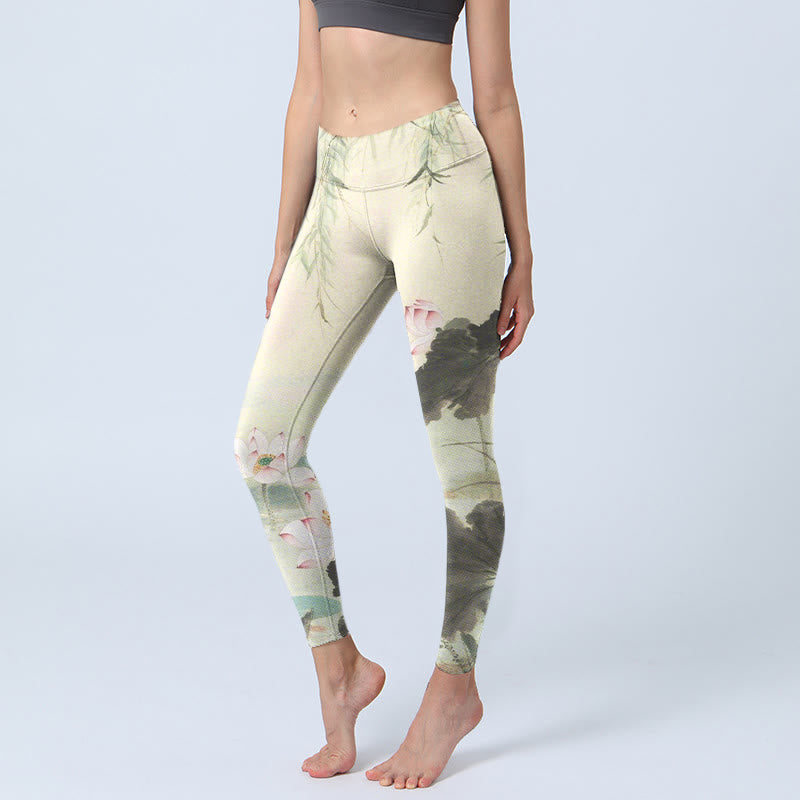 Leggings da palestra con stampa Buddha Stones, foglie di salice e motivo di loto, pantaloni da yoga da donna - Beige - US18, UK/AU22, EU50 (4XL) - image 1