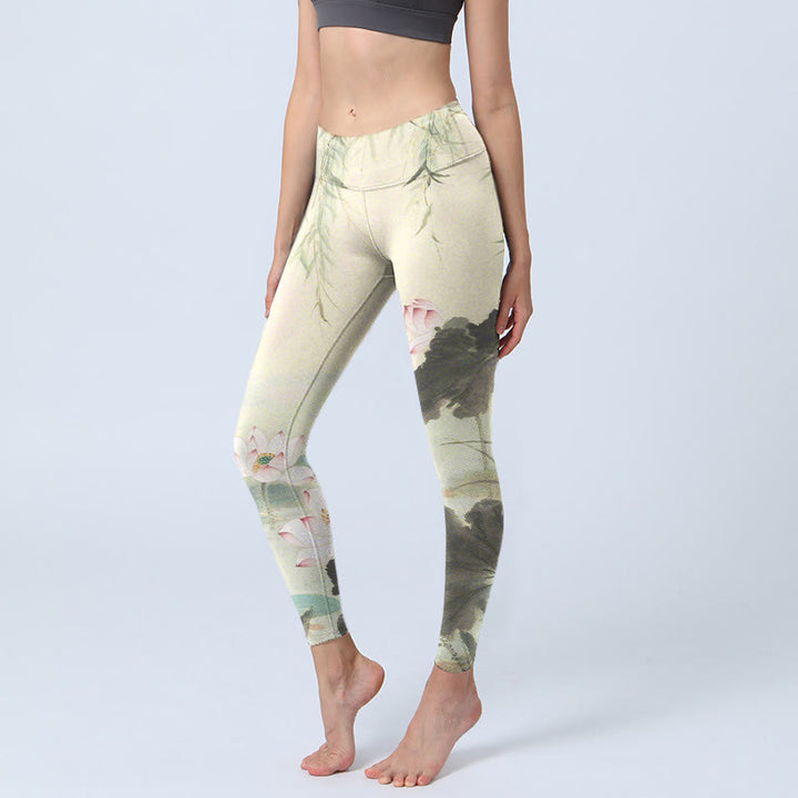 Leggings da palestra con stampa Buddha Stones, foglie di salice e motivo di loto, pantaloni da yoga da donna - Beige - US18, UK/AU22, EU50 (4XL) - image 1