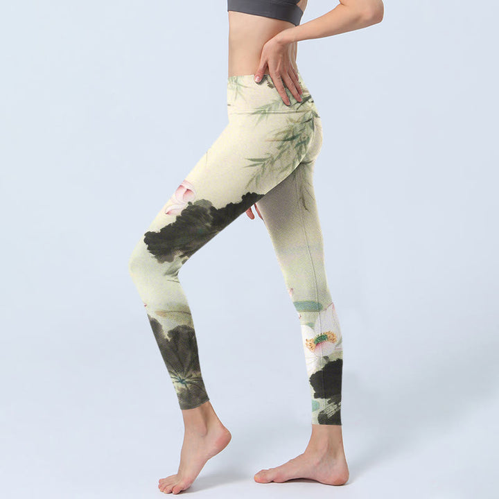 Leggings da palestra con stampa Buddha Stones, foglie di salice e motivo di loto, pantaloni da yoga da donna - image 3