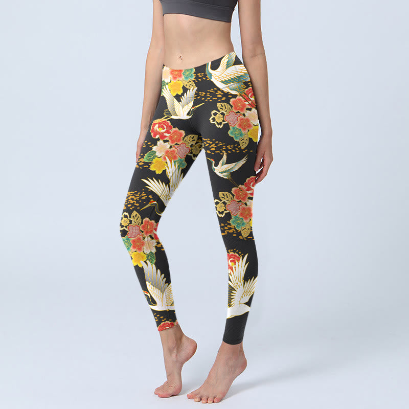 Leggings da palestra con stampa floreale colorata e motivo a gru coronate rosse, pantaloni da yoga da donna, motivo Buddha Stones - Nero - US18, UK/AU22, EU50 (4XL) - image 0
