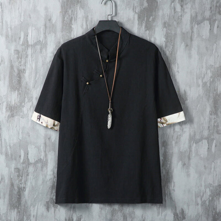 Buddha Stones in cotone e lino con maniche corte, motivo patchwork, motivo Buddha Stones, estate, bottoni e stampa cinese a rana - Nero - US/UK/AU46, EU56 (5XL) - image 7