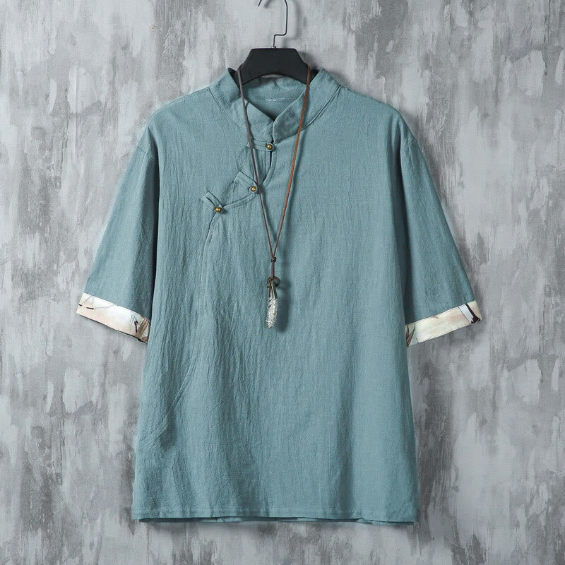 Buddha Stones in cotone e lino con maniche corte, motivo patchwork, motivo Buddha Stones, estate, bottoni e stampa cinese a rana - VerdeMare Chiaro - US/UK/AU46, EU56 (5XL) - image 0