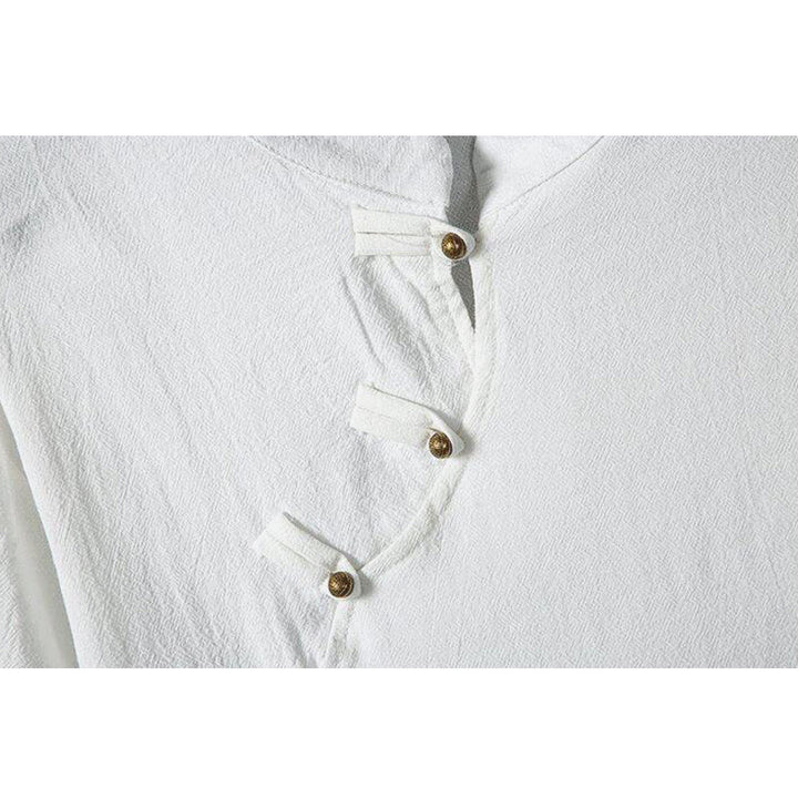 Buddha Stones in cotone e lino con maniche corte, motivo patchwork, motivo Buddha Stones, estate, bottoni e stampa cinese a rana - image 3