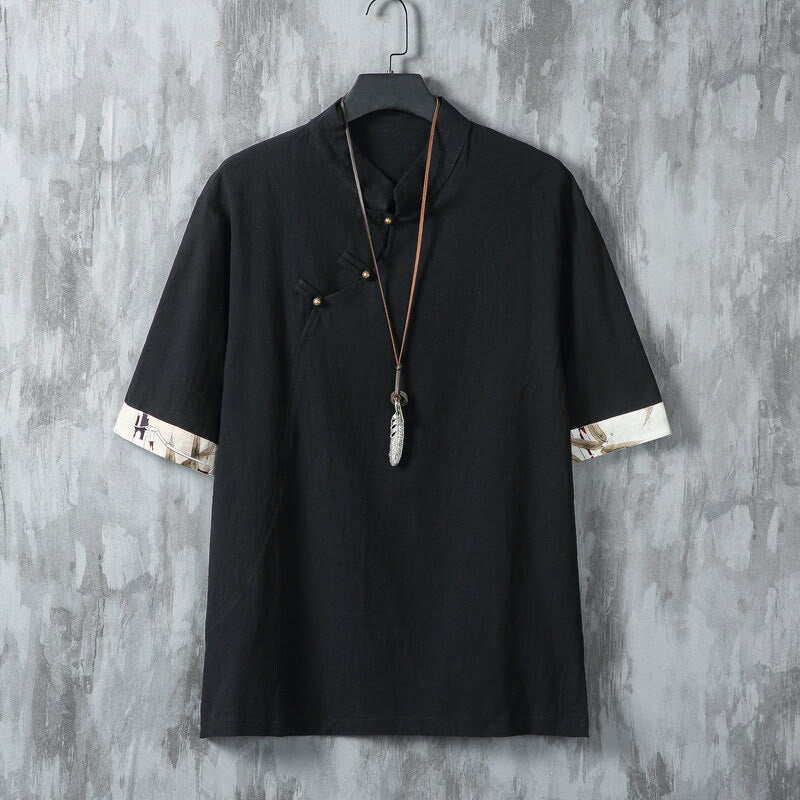 Buddha Stones in cotone e lino con maniche corte, motivo patchwork, motivo Buddha Stones, estate, bottoni e stampa cinese a rana - Nero - US/UK/AU46, EU56 (5XL) - image 7