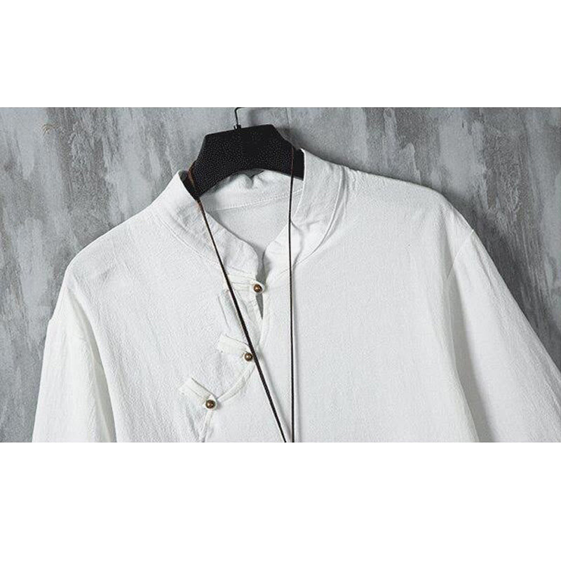 Buddha Stones in cotone e lino con maniche corte, motivo patchwork, motivo Buddha Stones, estate, bottoni e stampa cinese a rana - image 2