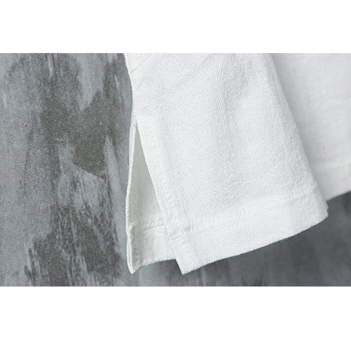 Buddha Stones in cotone e lino con maniche corte, motivo patchwork, motivo Buddha Stones, estate, bottoni e stampa cinese a rana - image 6