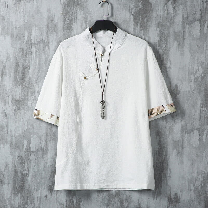 Buddha Stones in cotone e lino con maniche corte, motivo patchwork, motivo Buddha Stones, estate, bottoni e stampa cinese a rana - Bianco - US/UK/AU46, EU56 (5XL) - image 1