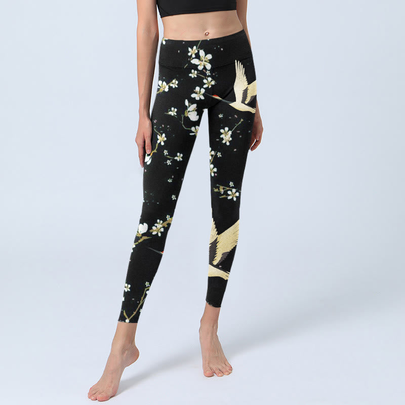 Leggings da palestra con stampa a motivo di Buddha Stones, gru dalla corona rossa e fiori di prugno, pantaloni da yoga da donna - image 5