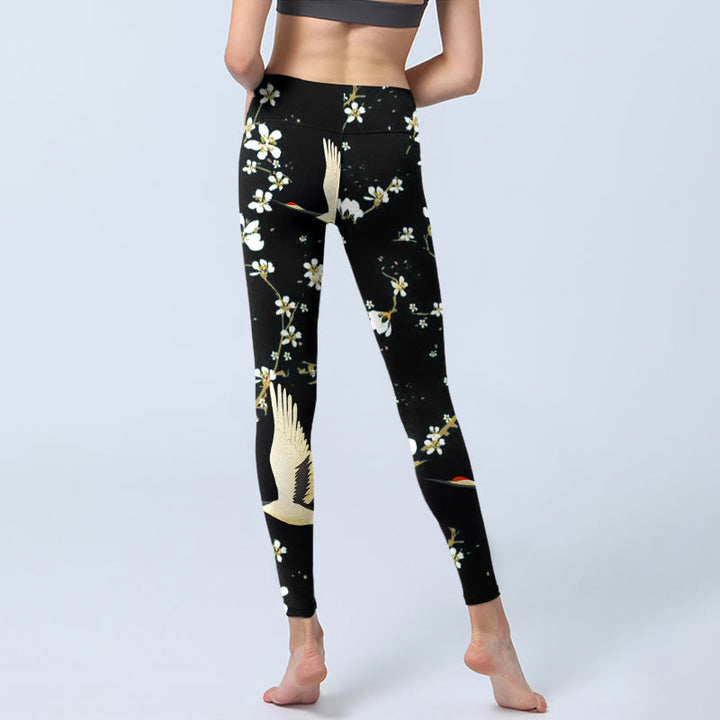 Leggings da palestra con stampa a motivo di Buddha Stones, gru dalla corona rossa e fiori di prugno, pantaloni da yoga da donna - image 6