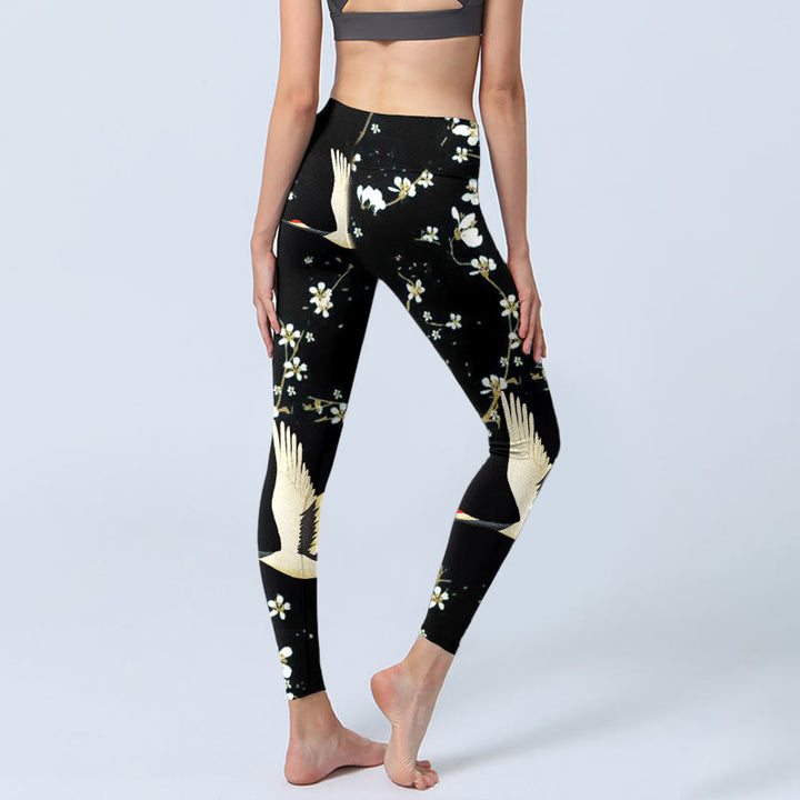 Leggings da palestra con stampa a motivo di Buddha Stones, gru dalla corona rossa e fiori di prugno, pantaloni da yoga da donna - image 5