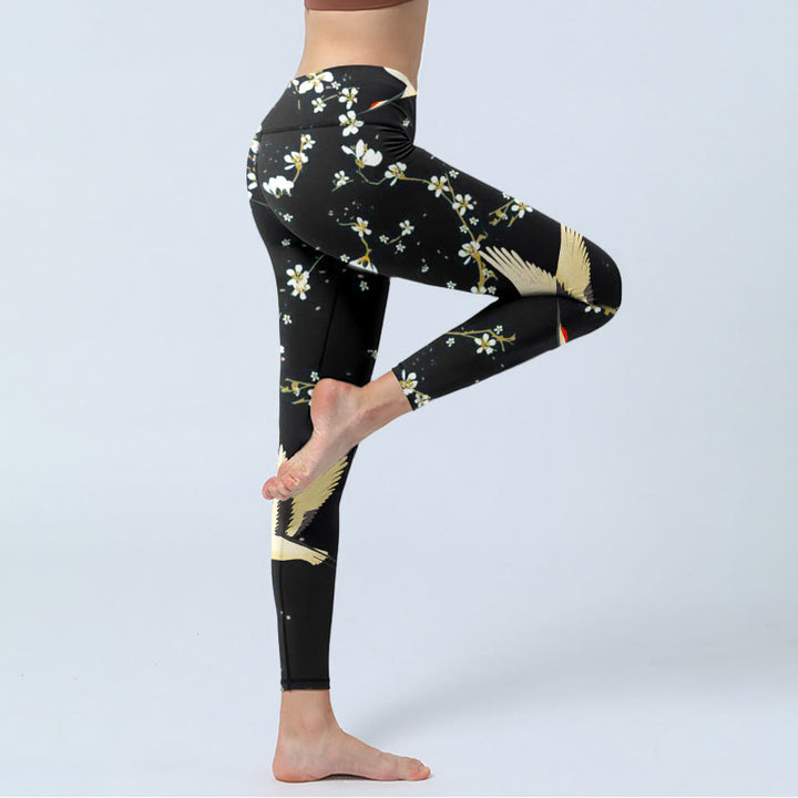 Leggings da palestra con stampa a motivo di Buddha Stones, gru dalla corona rossa e fiori di prugno, pantaloni da yoga da donna - image 3