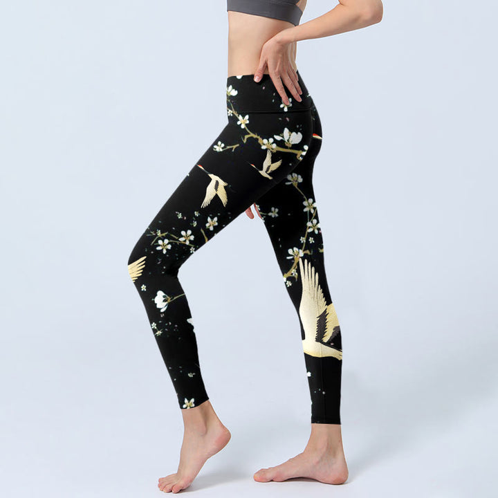 Leggings da palestra con stampa a motivo di Buddha Stones, gru dalla corona rossa e fiori di prugno, pantaloni da yoga da donna - image 3