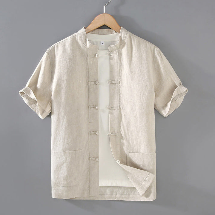 Camicia da uomo in lino e cotone con bottoni a forma di rana, stile vintage, stile cinese, con tasche, stile Buddha Stones - Beige - US/UK/AU46, EU56 (5XL) - image 1