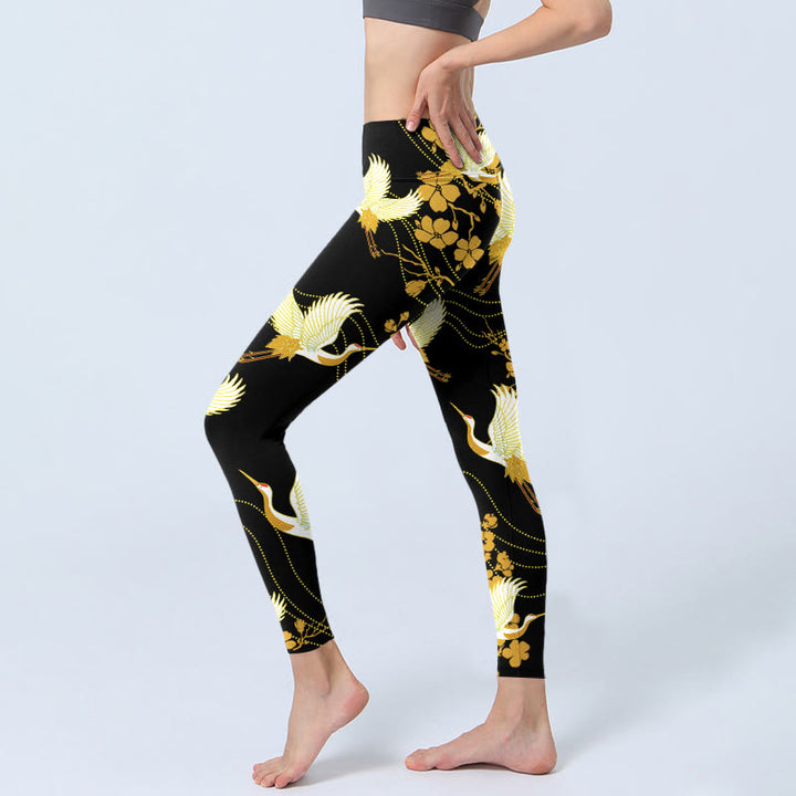 Leggings da palestra con stampa a linee e motivo a Buddha Stones coronate rosse e fiori dorati, pantaloni da yoga da donna - image 3