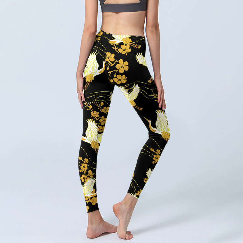 Leggings da palestra con stampa a linee e motivo a Buddha Stones coronate rosse e fiori dorati, pantaloni da yoga da donna - image 5