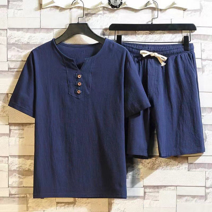 Set di 2 pezzi Buddha Stones Summer Sports, maglietta con colletto a punta, coulisse, pantaloni corti con tasche, in cotone e lino, per meditazione da uomo - Marina - US/UK/AU46, EU56 (5XL) - image 0