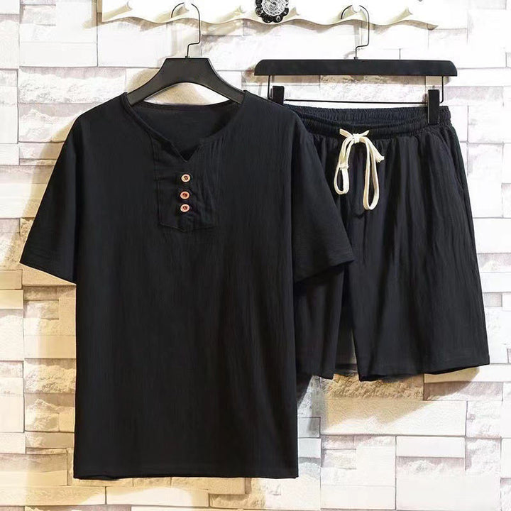 Set da meditazione in lino e cotone da uomo, 2 pezzi, maglietta a maniche corte con coulisse e pantaloni corti con tasche, Buddha Stones - Nero - US/UK/AU46, EU56 (5XL) - image 9