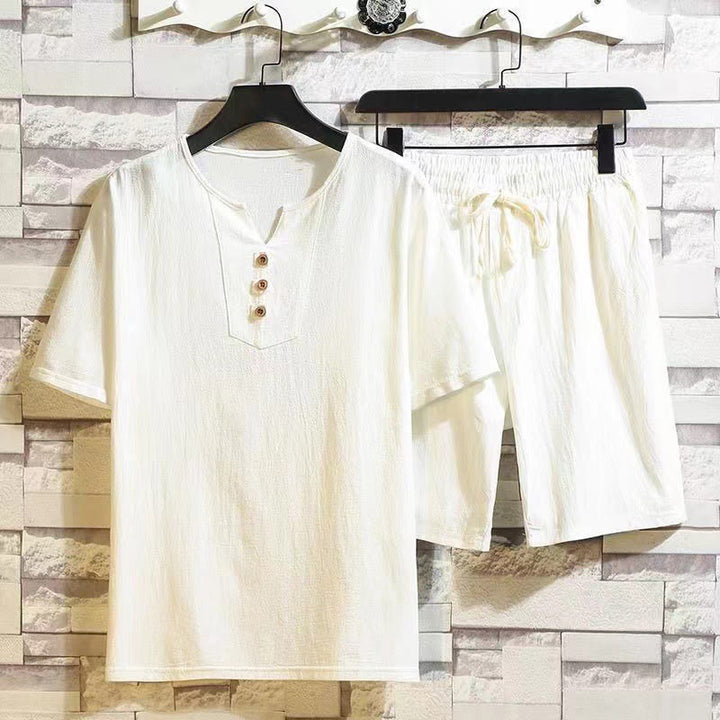 Set da meditazione in lino e cotone da uomo, 2 pezzi, maglietta a maniche corte con coulisse e pantaloni corti con tasche, Buddha Stones - FlorealeBianco - US/UK/AU46, EU56 (5XL) - image 2