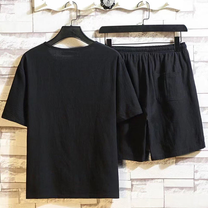 Set da meditazione in lino e cotone da uomo, 2 pezzi, maglietta a maniche corte con coulisse e pantaloni corti con tasche, Buddha Stones - image 10