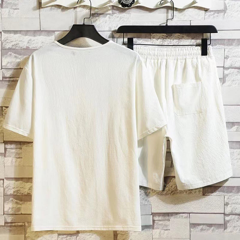 Set di 2 pezzi Buddha Stones Summer Sports, maglietta con colletto a punta, coulisse, pantaloni corti con tasche, in cotone e lino, per meditazione da uomo - image 3