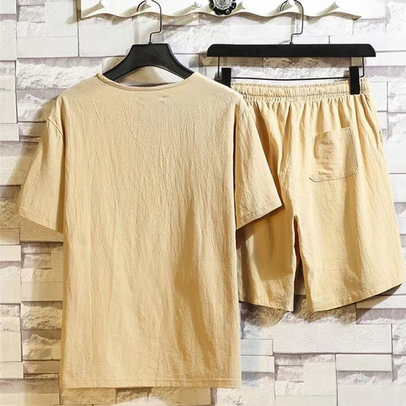 Set da meditazione in lino e cotone da uomo, 2 pezzi, maglietta a maniche corte con coulisse e pantaloni corti con tasche, Buddha Stones - image 12