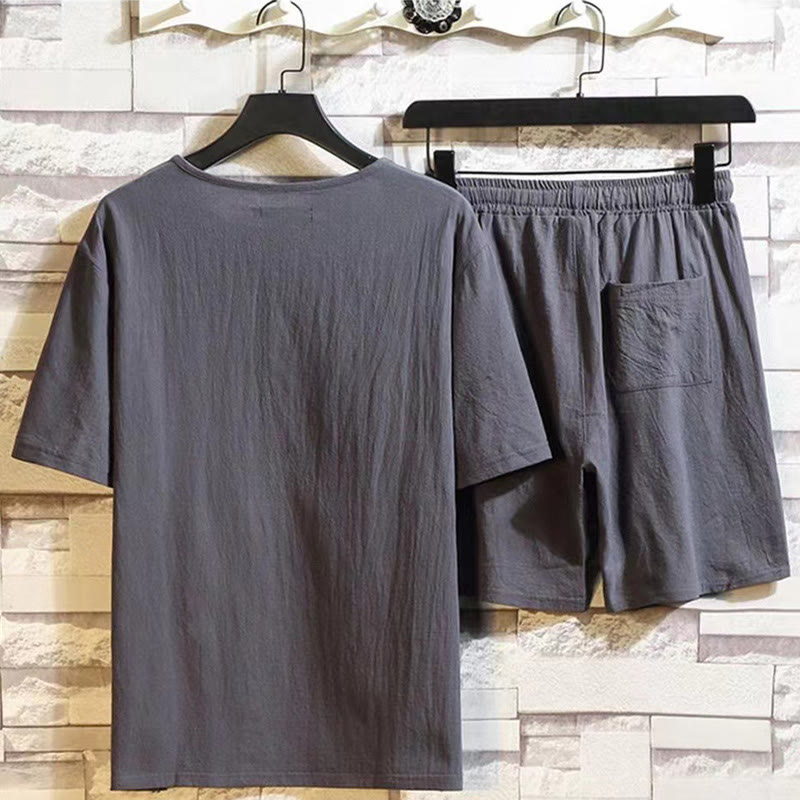 Set di 2 pezzi Buddha Stones Summer Sports, maglietta con colletto a punta, coulisse, pantaloni corti con tasche, in cotone e lino, per meditazione da uomo - image 8