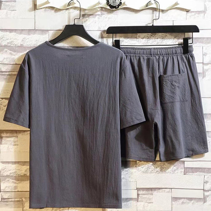 Set di 2 pezzi Buddha Stones Summer Sports, maglietta con colletto a punta, coulisse, pantaloni corti con tasche, in cotone e lino, per meditazione da uomo - image 8