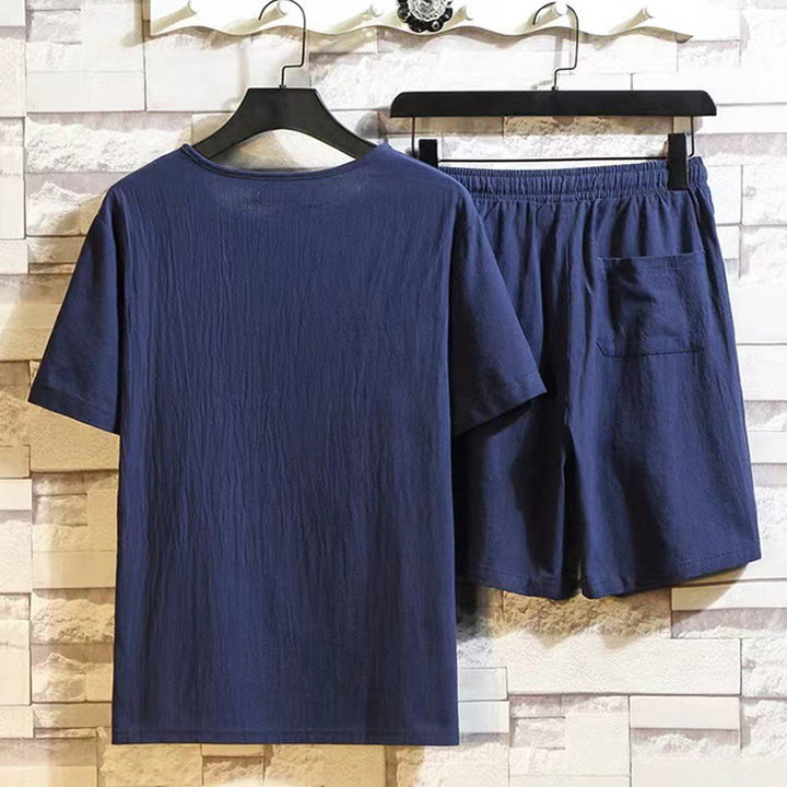 Set di 2 pezzi Buddha Stones Summer Sports, maglietta con colletto a punta, coulisse, pantaloni corti con tasche, in cotone e lino, per meditazione da uomo - image 1