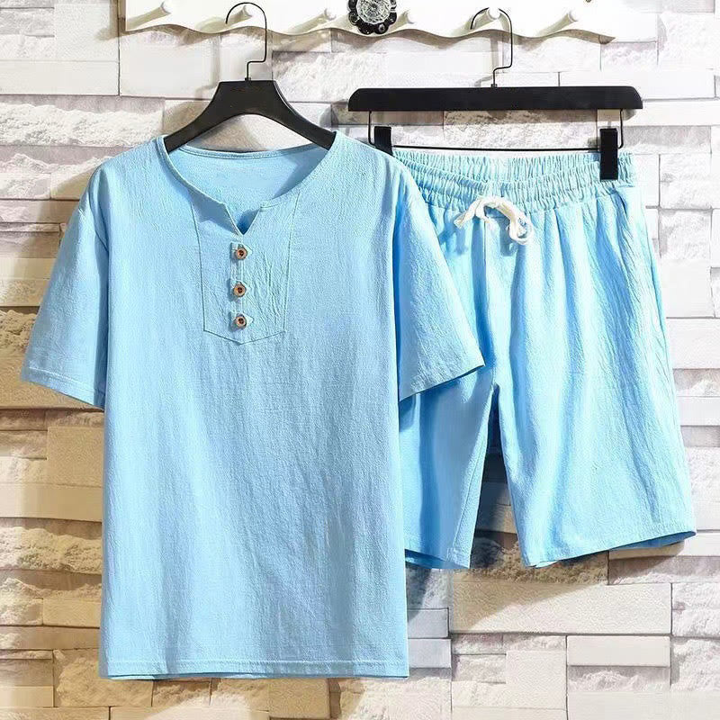 Set di 2 pezzi Buddha Stones Summer Sports, maglietta con colletto a punta, coulisse, pantaloni corti con tasche, in cotone e lino, per meditazione da uomo - AzzurroCielo Chiaro - US/UK/AU46, EU56 (5XL) - image 13