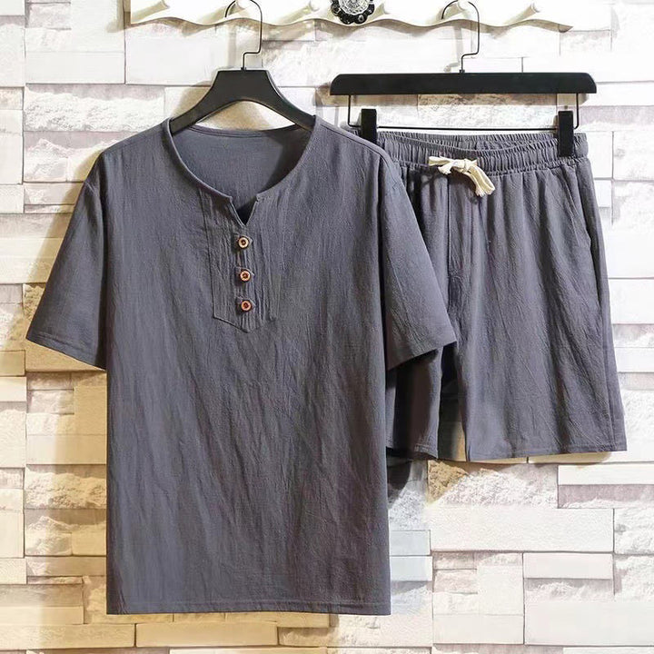 Set di 2 pezzi Buddha Stones Summer Sports, maglietta con colletto a punta, coulisse, pantaloni corti con tasche, in cotone e lino, per meditazione da uomo - Grigio scuro - US/UK/AU46, EU56 (5XL) - image 7