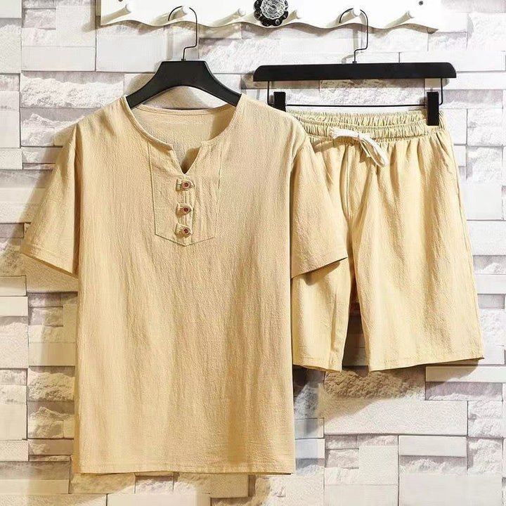 Set da meditazione in lino e cotone da uomo, 2 pezzi, maglietta a maniche corte con coulisse e pantaloni corti con tasche, Buddha Stones - Cachi - US/UK/AU46, EU56 (5XL) - image 11