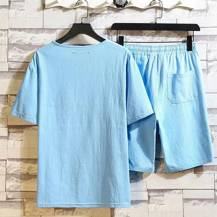 Set di 2 pezzi Buddha Stones Summer Sports, maglietta con colletto a punta, coulisse, pantaloni corti con tasche, in cotone e lino, per meditazione da uomo - image 14