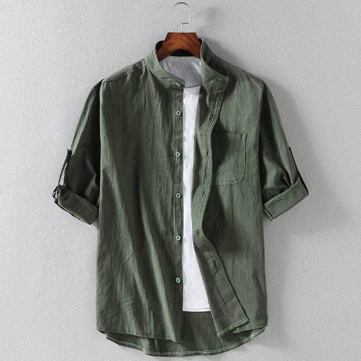 Camicia da uomo in cotone e lino, monopetto, casual, vintage, con maniche a tre quarti, con taschino, Buddha Stones