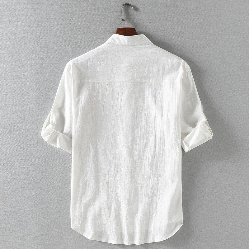 Camicia da uomo in cotone e lino, monopetto, casual, vintage, con maniche a tre quarti, con taschino, Buddha Stones