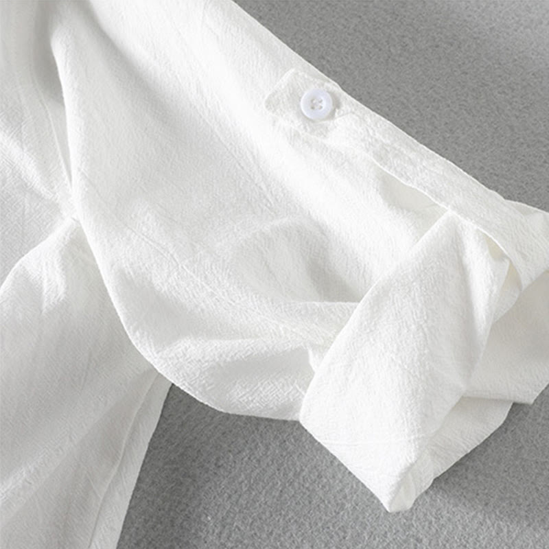 Camicia da uomo in cotone e lino, monopetto, casual, vintage, con maniche a tre quarti, con taschino, Buddha Stones