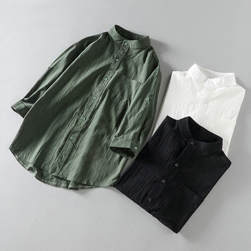 Camicia da uomo in cotone e lino, monopetto, casual, vintage, con maniche a tre quarti, con taschino, Buddha Stones - image 17